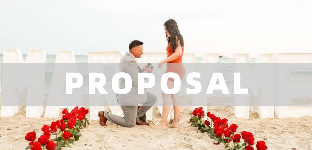 Man proposing to his partner during a surprise engagement, captured by a professional proposal photographer.