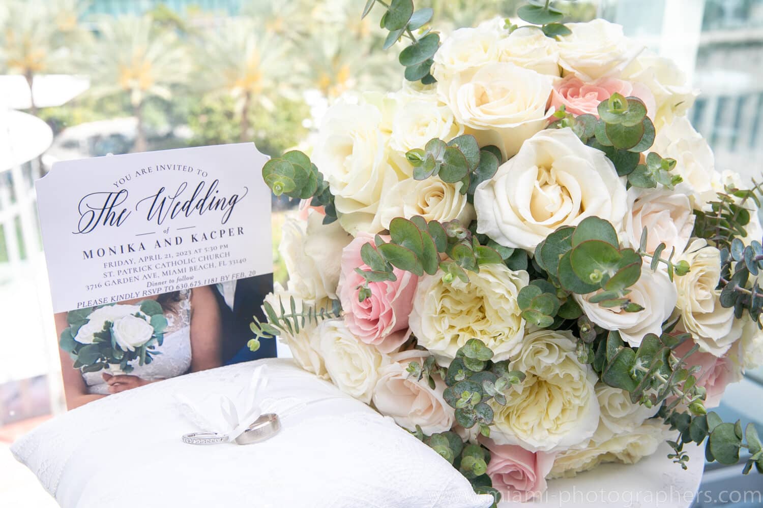 Bride and groom during their church wedding ceremony in Miami Beach, followed by a rooftop reception with a vibrant fireworks display, captured by a professional photographer.